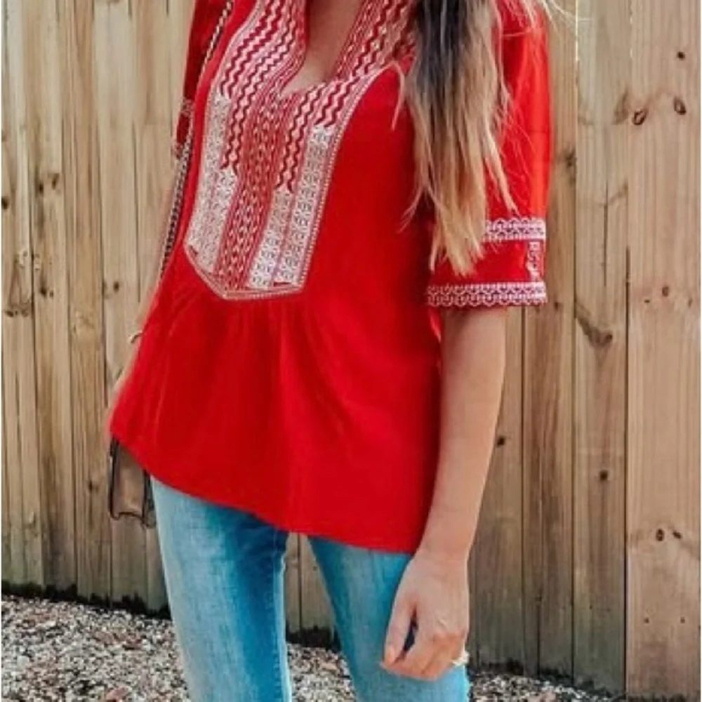 Embroidered Red Women's Top - Picture 4 of 6